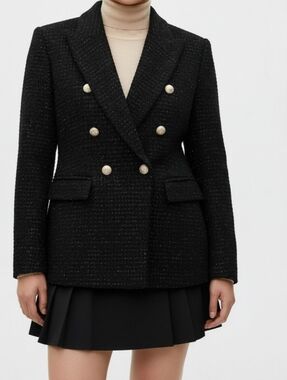 Zara Tweed Style Blazer M Wool Blend Metallic Double Breasted Gold Button